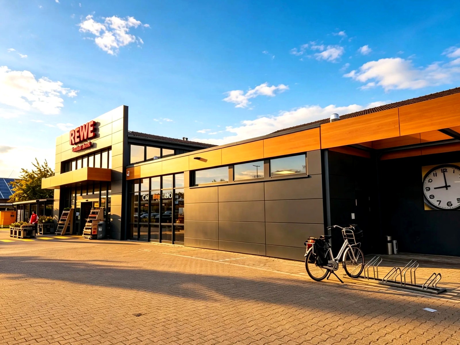 Moderne Fassade eines Gewerbebaus mit anthrazitfarbenen Paneelen und Holzoptik-Akzenten bei goldenem Abendlicht